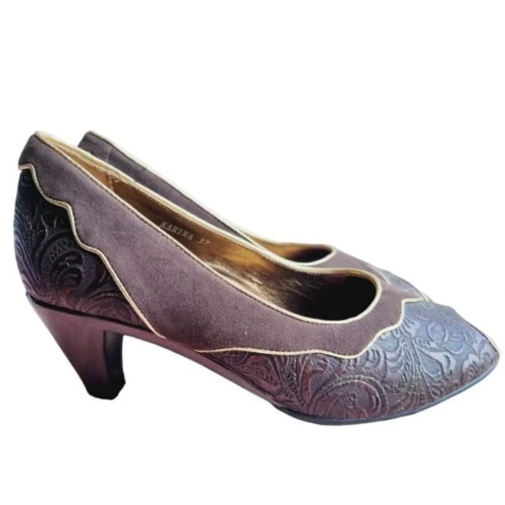 Gazelle Comfort Karina Brown Suede Paisley Embossed‎ Peep Toe Pumps Gold Trim 37